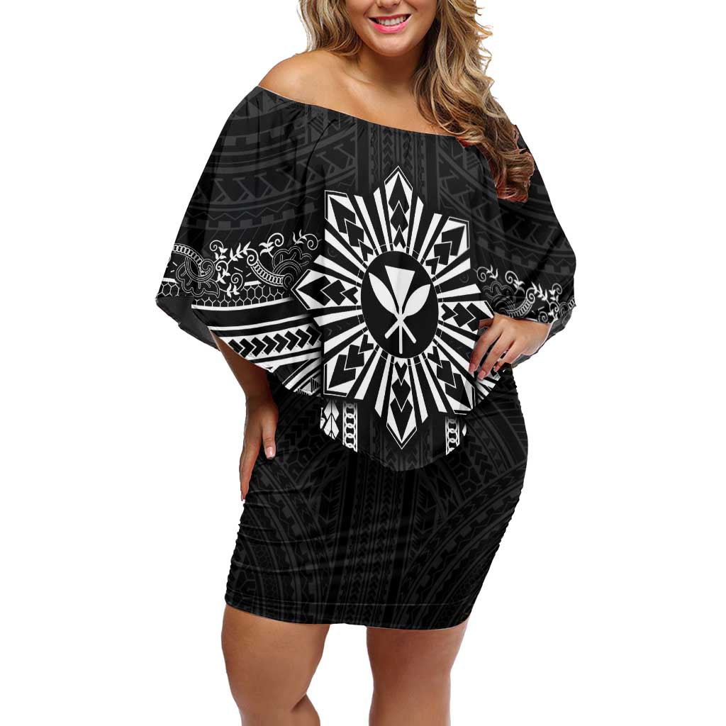 Hawaii And Philippines Together Off Shoulder Short Dress Polynesian Pattern With Filipino Barong Black