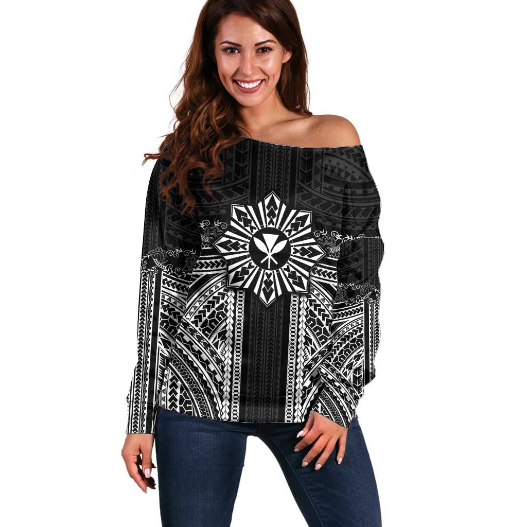 Hawaii And Philippines Together Off Shoulder Sweater Polynesian Pattern With Filipino Barong Black