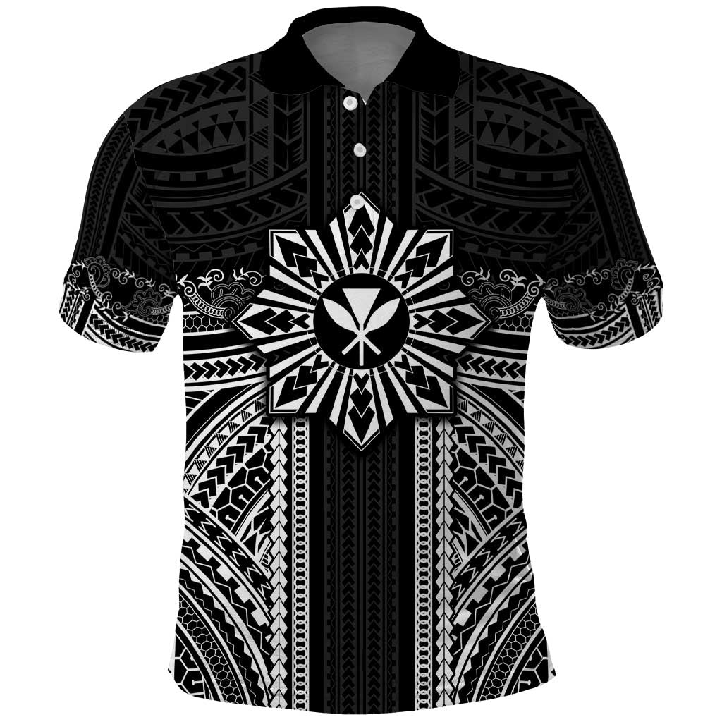 Hawaii And Philippines Together Polo Shirt Polynesian Pattern With Filipino Barong Black