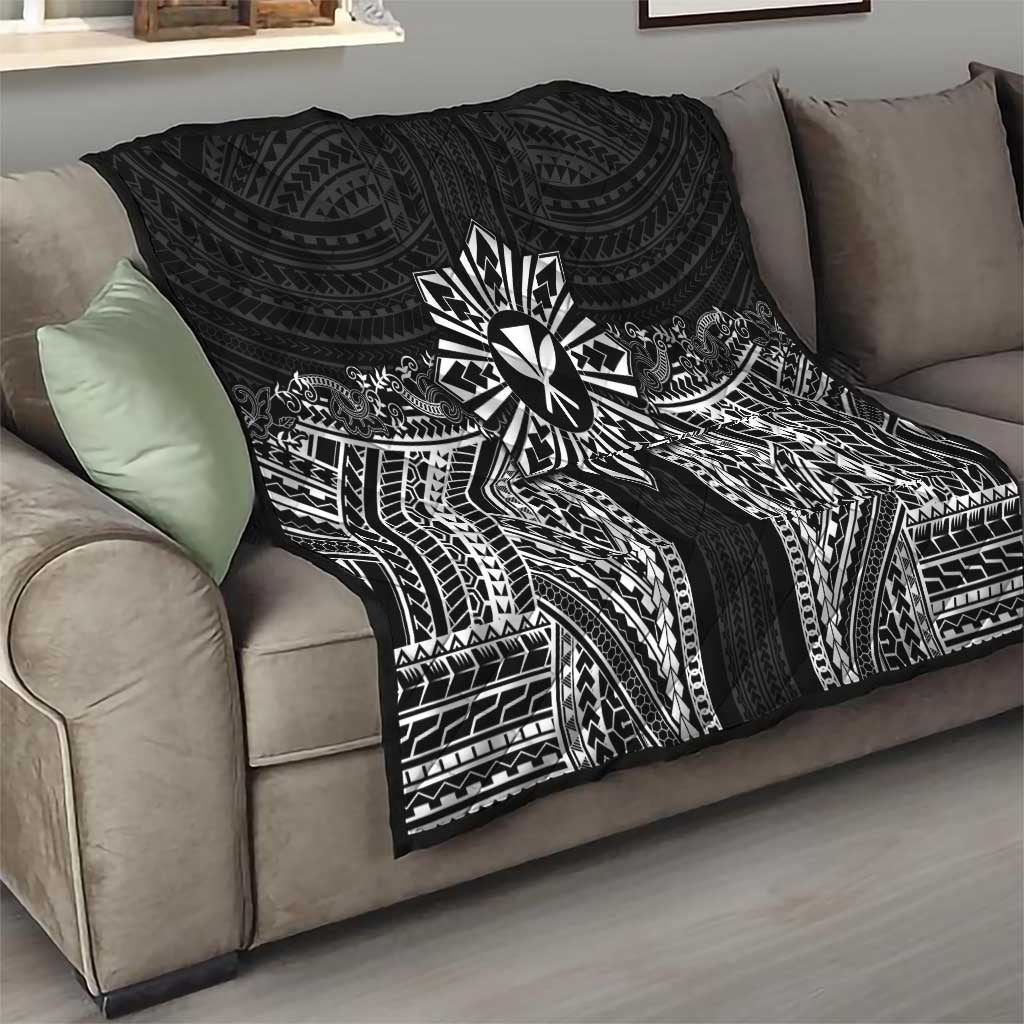 Hawaii And Philippines Together Quilt Polynesian Pattern With Filipino Barong Black