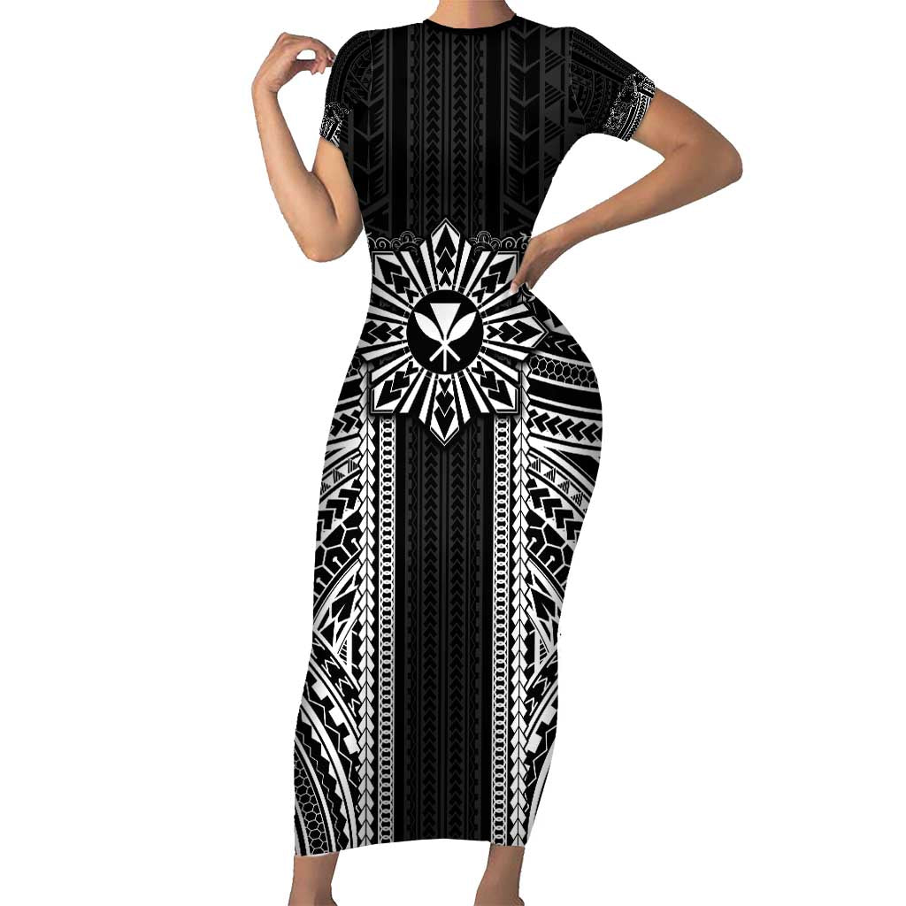 Hawaii And Philippines Together Short Sleeve Bodycon Dress Polynesian Pattern With Filipino Barong Black