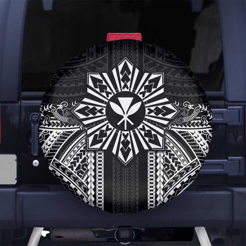 Hawaii And Philippines Together Spare Tire Cover Polynesian Pattern With Filipino Barong Black