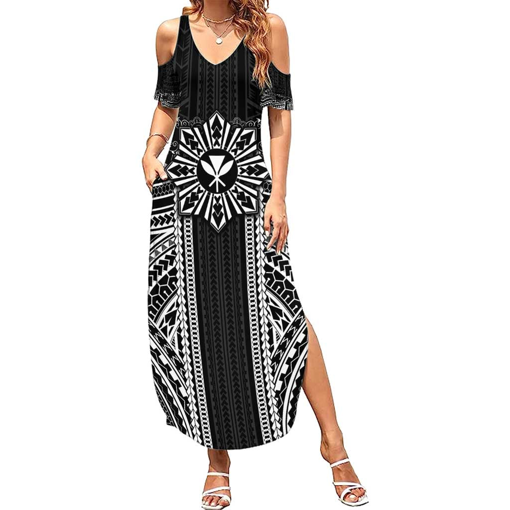 Hawaii And Philippines Together Summer Maxi Dress Polynesian Pattern With Filipino Barong Black