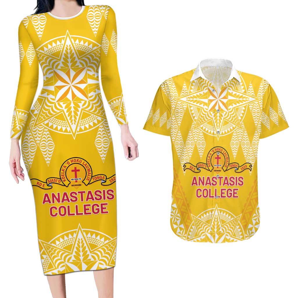 Personalised Anastasis College Couples Matching Long Sleeve Bodycon Dress and Hawaiian Shirt Tonga Ngatu Pattern - Polynesian Pride