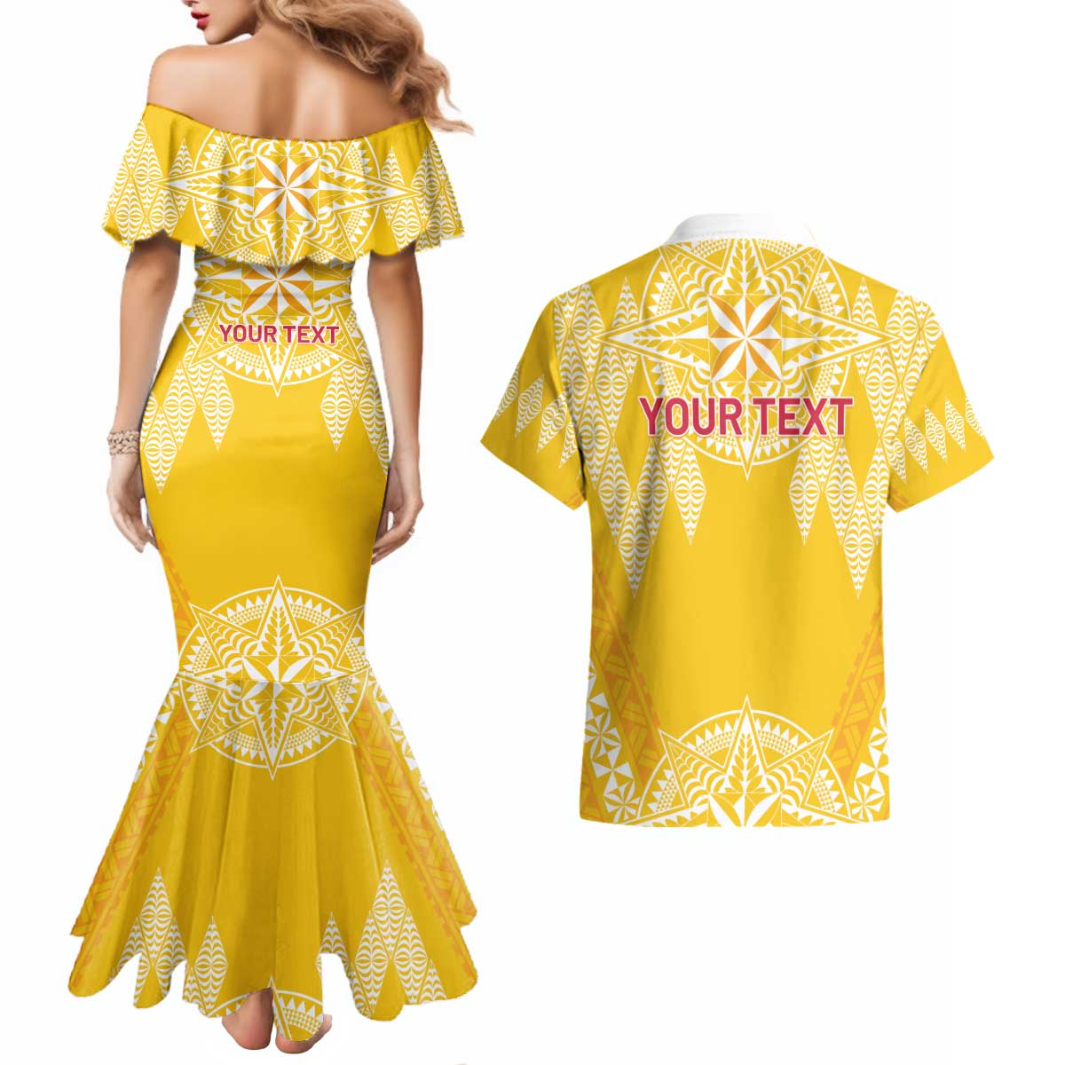 Personalised Anastasis College Couples Matching Mermaid Dress and Hawaiian Shirt Tonga Ngatu Pattern - Polynesian Pride