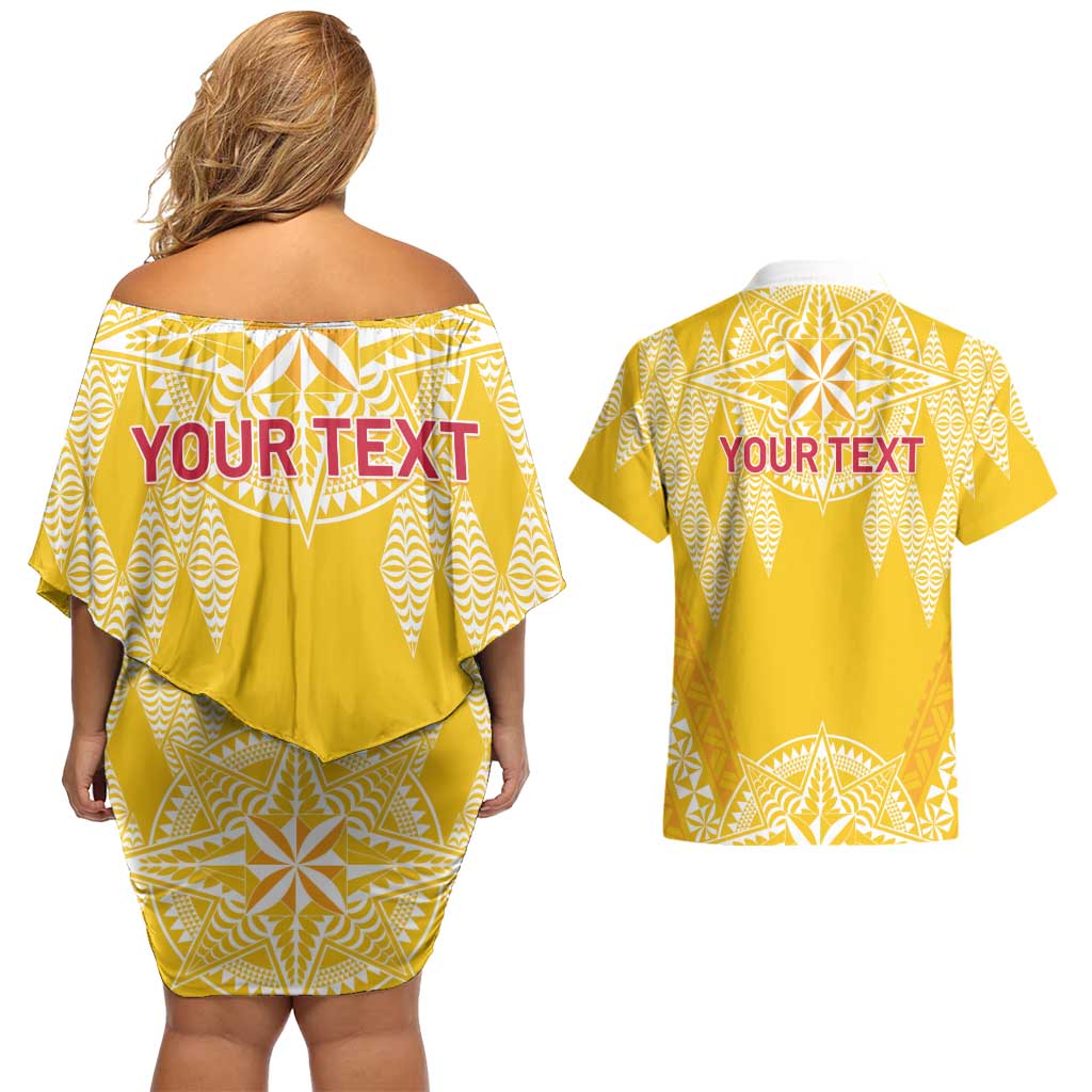 Personalised Anastasis College Couples Matching Off Shoulder Short Dress and Hawaiian Shirt Tonga Ngatu Pattern LT05 - Polynesian Pride