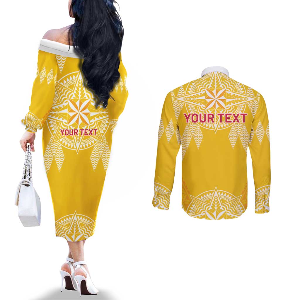 Personalised Anastasis College Couples Matching Off The Shoulder Long Sleeve Dress and Long Sleeve Button Shirt Tonga Ngatu Pattern LT05 - Polynesian Pride
