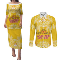 Personalised Anastasis College Couples Matching Puletasi and Long Sleeve Button Shirt Tonga Ngatu Pattern LT05 Yellow - Polynesian Pride