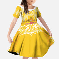 Personalised Anastasis College Family Matching Off Shoulder Maxi Dress and Hawaiian Shirt Tonga Ngatu Pattern LT05 Daughter's Dress Yellow - Polynesian Pride