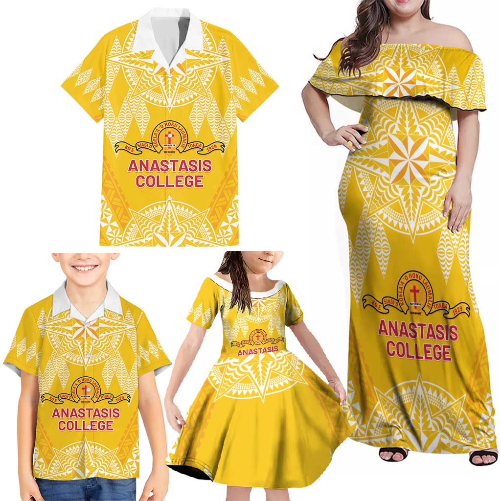 Personalised Anastasis College Family Matching Off Shoulder Maxi Dress and Hawaiian Shirt Tonga Ngatu Pattern - Polynesian Pride
