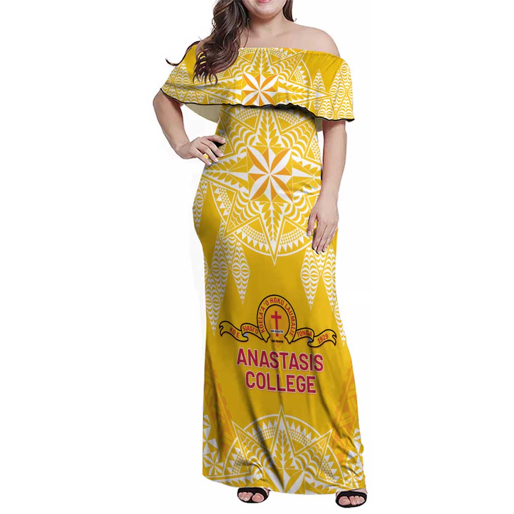 Personalised Anastasis College Family Matching Off Shoulder Maxi Dress and Hawaiian Shirt Tonga Ngatu Pattern LT05 Mom's Dress Yellow - Polynesian Pride