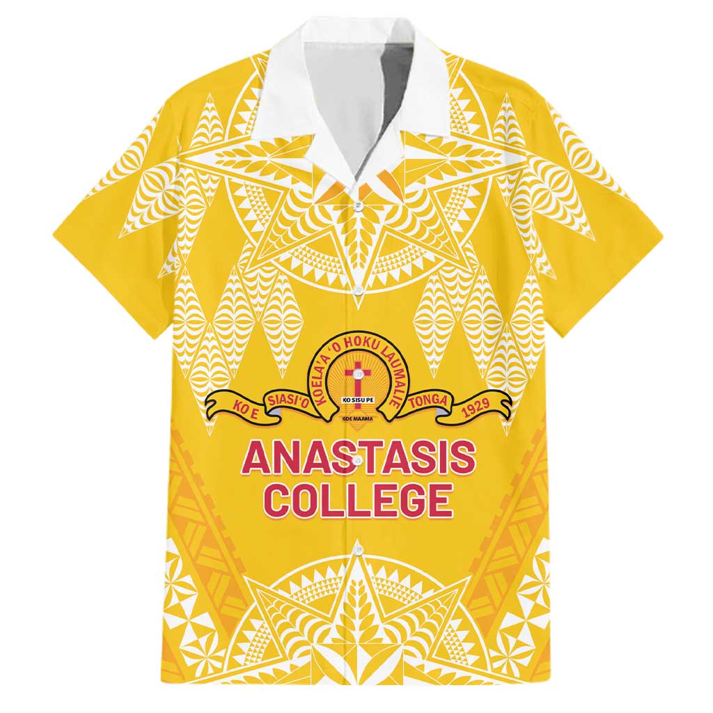 Personalised Anastasis College Family Matching Off Shoulder Short Dress and Hawaiian Shirt Tonga Ngatu Pattern LT05 Dad's Shirt - Short Sleeve Yellow - Polynesian Pride