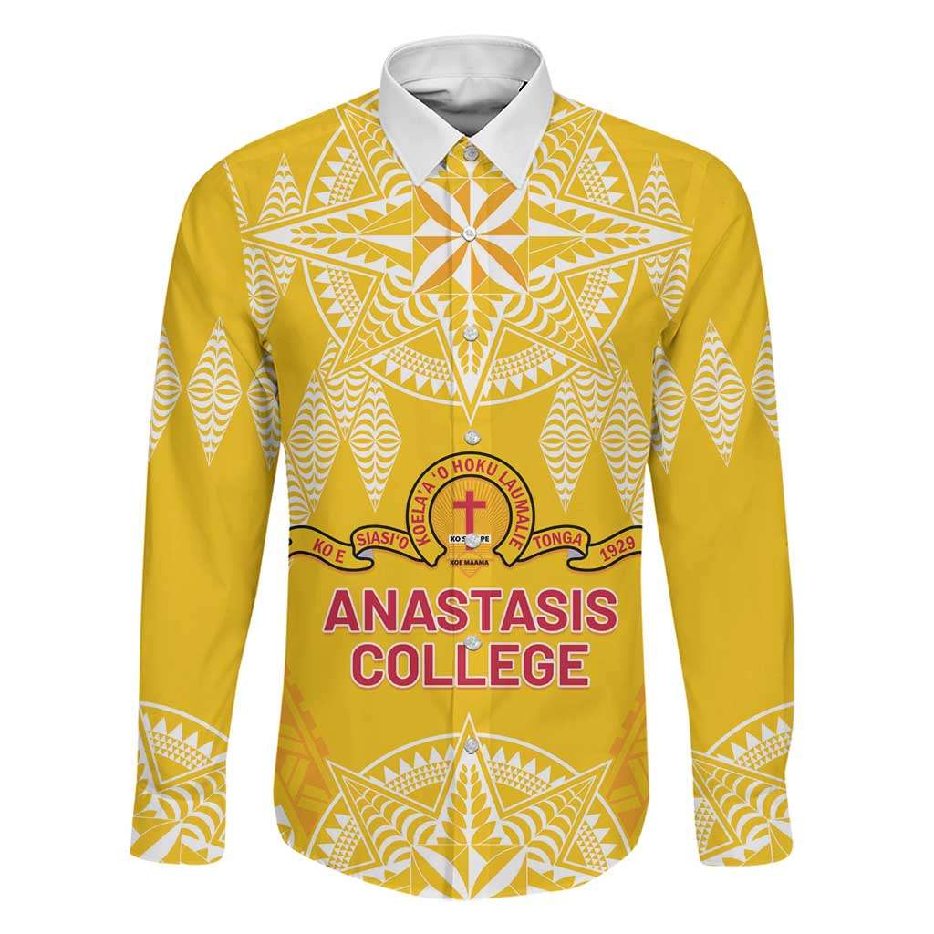 Personalised Anastasis College Family Matching Puletasi and Hawaiian Shirt Tonga Ngatu Pattern LT05 Dad's Shirt - Long Sleeve Yellow - Polynesian Pride
