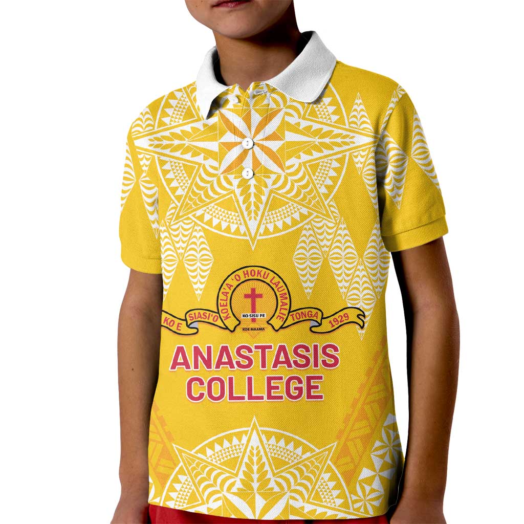 Personalised Anastasis College Kid Polo Shirt Tonga Ngatu Pattern LT05 Kid Yellow - Polynesian Pride