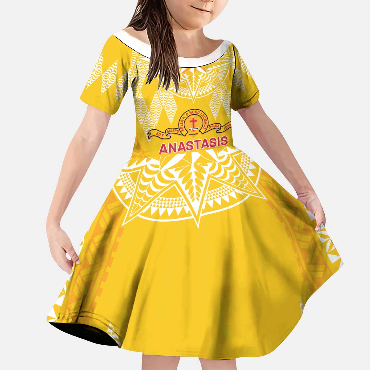 Personalised Anastasis College Kid Short Sleeve Dress Tonga Ngatu Pattern LT05 KID Yellow - Polynesian Pride