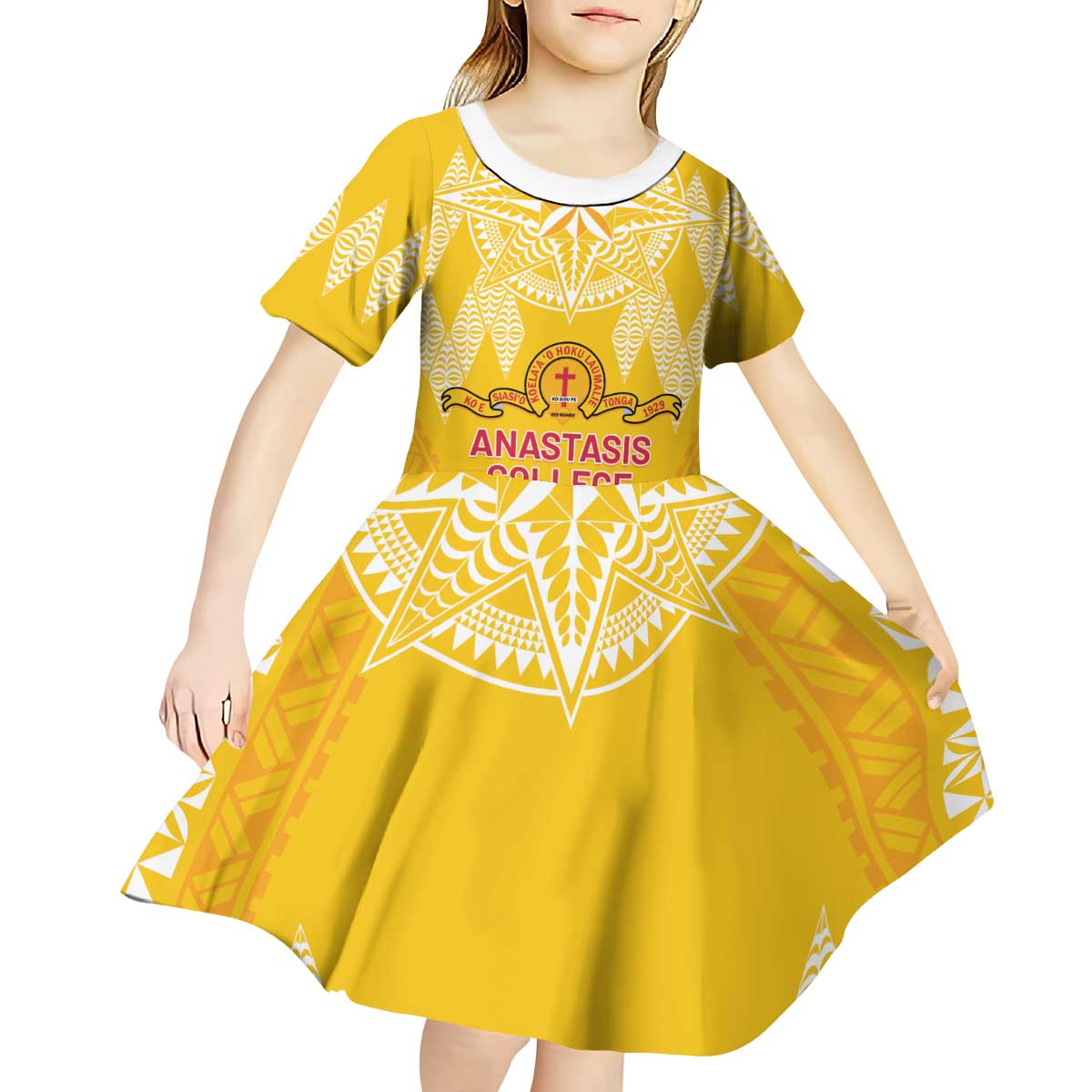 Personalised Anastasis College Kid Short Sleeve Dress Tonga Ngatu Pattern LT05 - Polynesian Pride