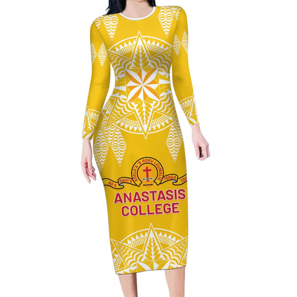 Personalised Anastasis College Long Sleeve Bodycon Dress Tonga Ngatu Pattern - Polynesian Pride