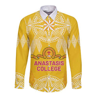 Personalised Anastasis College Long Sleeve Button Shirt Tonga Ngatu Pattern LT05 Unisex Yellow - Polynesian Pride