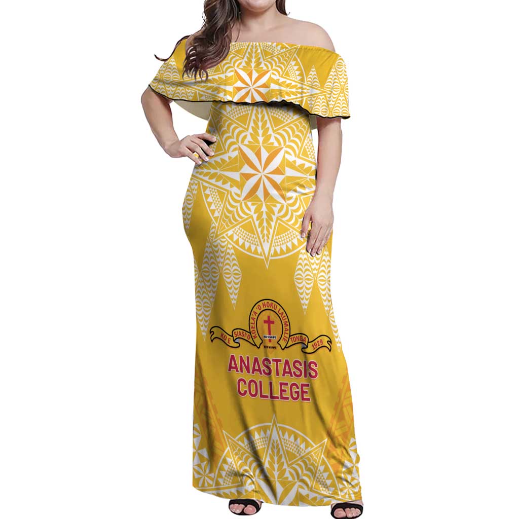 Personalised Anastasis College Off Shoulder Maxi Dress Tonga Ngatu Pattern - Polynesian Pride