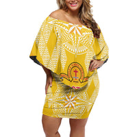 Personalised Anastasis College Off Shoulder Short Dress Tonga Ngatu Pattern LT05 Women Yellow - Polynesian Pride