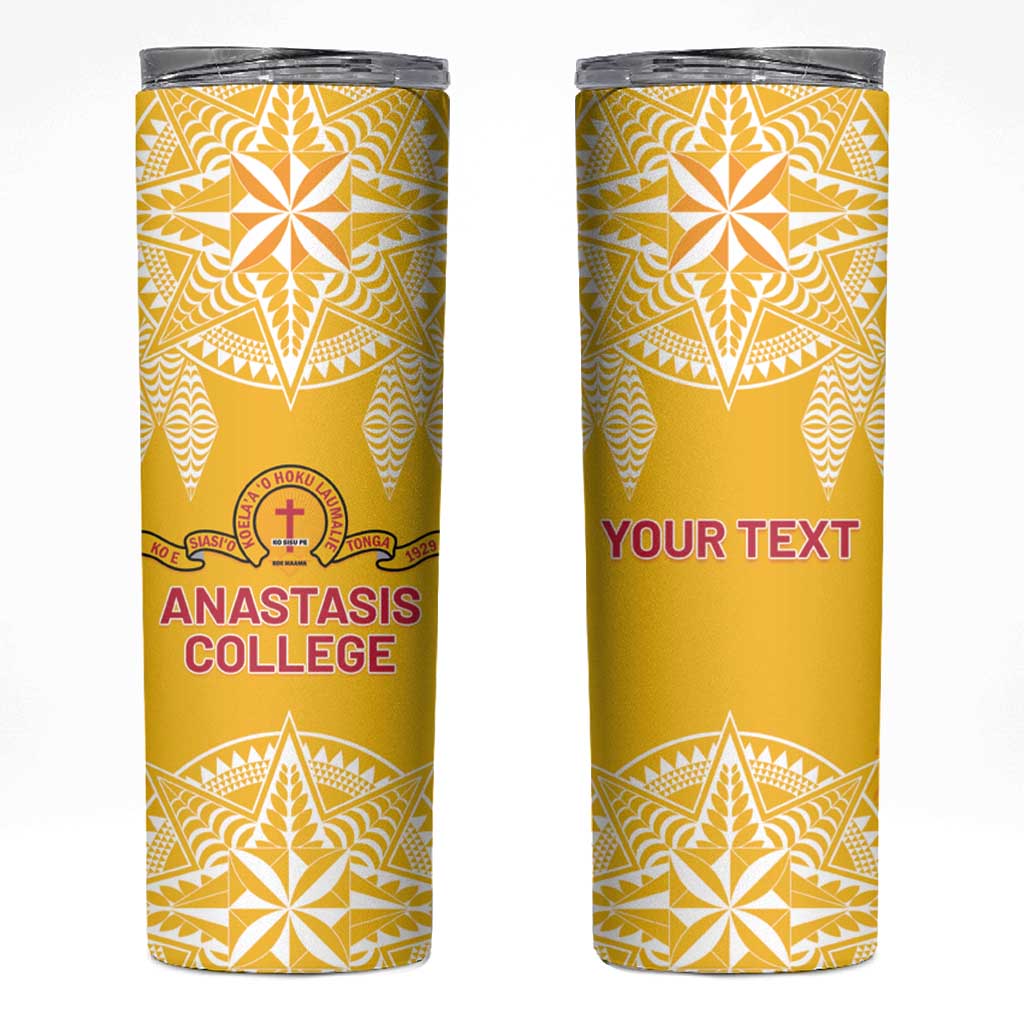 Personalised Anastasis College Skinny Tumbler Tonga Ngatu Pattern LT05 Yellow - Polynesian Pride