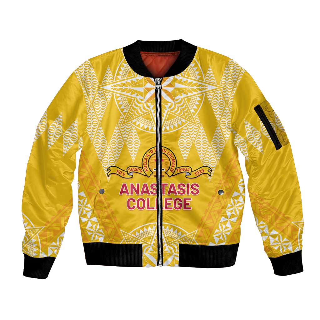 Personalised Anastasis College Sleeve Zip Bomber Jacket Tonga Ngatu Pattern - Polynesian Pride