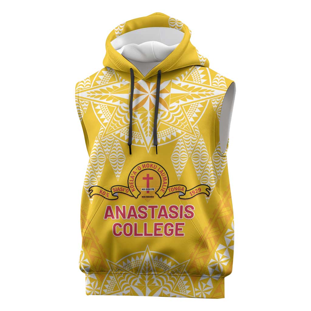 Personalised Anastasis College Sleeveless Hoodie Tonga Ngatu Pattern LT05 Yellow - Polynesian Pride