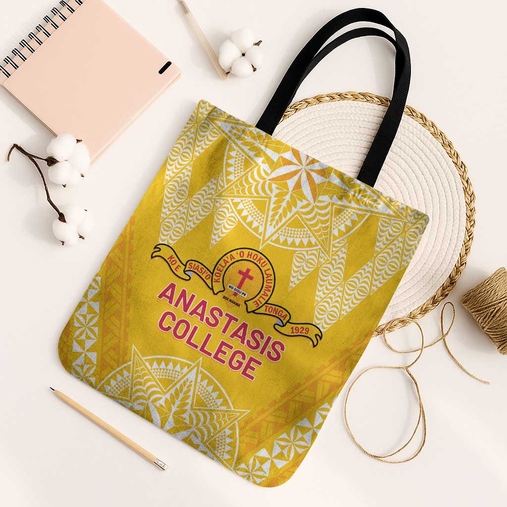 Anastasis College Tote Bag Tonga Ngatu Pattern LT05 Black Strap One Size Yellow - Polynesian Pride