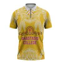 Personalised Anastasis College Zipper Polo Shirt Tonga Ngatu Pattern LT05 Yellow - Polynesian Pride