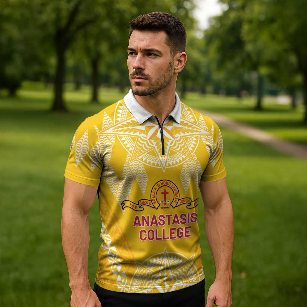 Personalised Anastasis College Zipper Polo Shirt Tonga Ngatu Pattern LT05 - Polynesian Pride