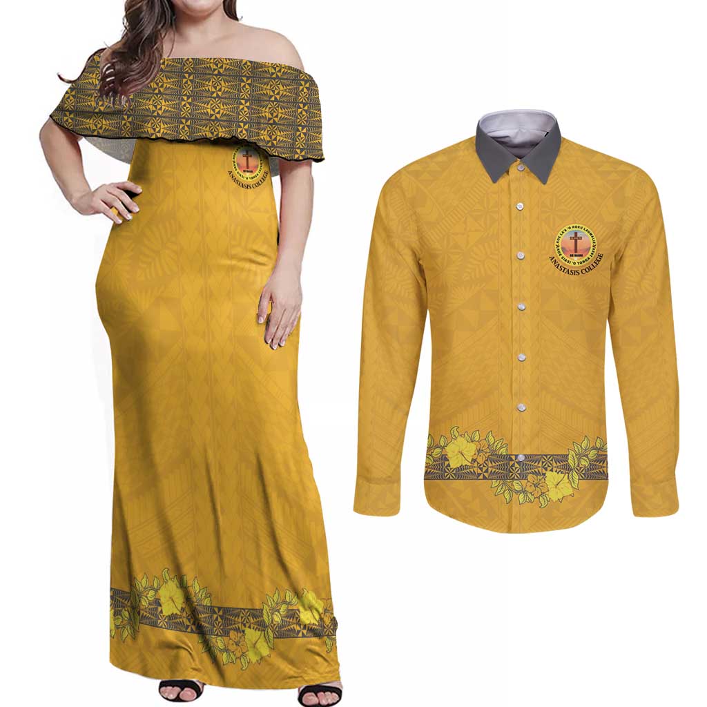Tonga Anastasis College Couples Matching Off Shoulder Maxi Dress and Long Sleeve Button Shirt Tongan Ngatu Kupesi Pattern LT05 Yellow - Polynesian Pride
