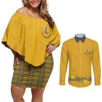 Tonga Anastasis College Couples Matching Off Shoulder Short Dress and Long Sleeve Button Shirt Tongan Ngatu Kupesi Pattern LT05 Yellow - Polynesian Pride