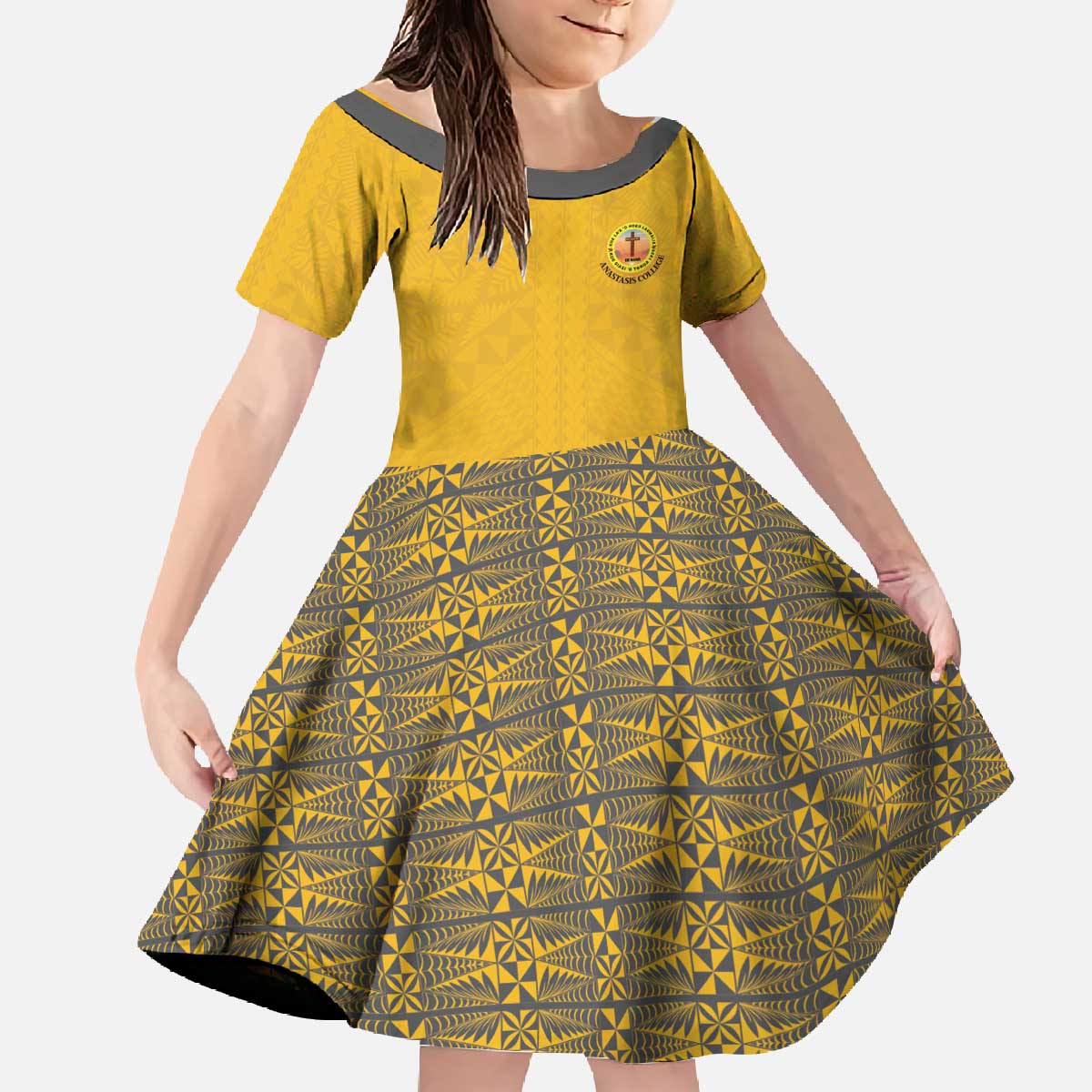 Tonga Anastasis College Family Matching Off The Shoulder Long Sleeve Dress and Hawaiian Shirt Tongan Ngatu Kupesi Pattern - Polynesian Pride