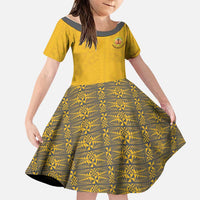 Tonga Anastasis College Family Matching Off Shoulder Short Dress and Hawaiian Shirt Tongan Ngatu Kupesi Pattern LT05 Daughter's Dress Yellow - Polynesian Pride