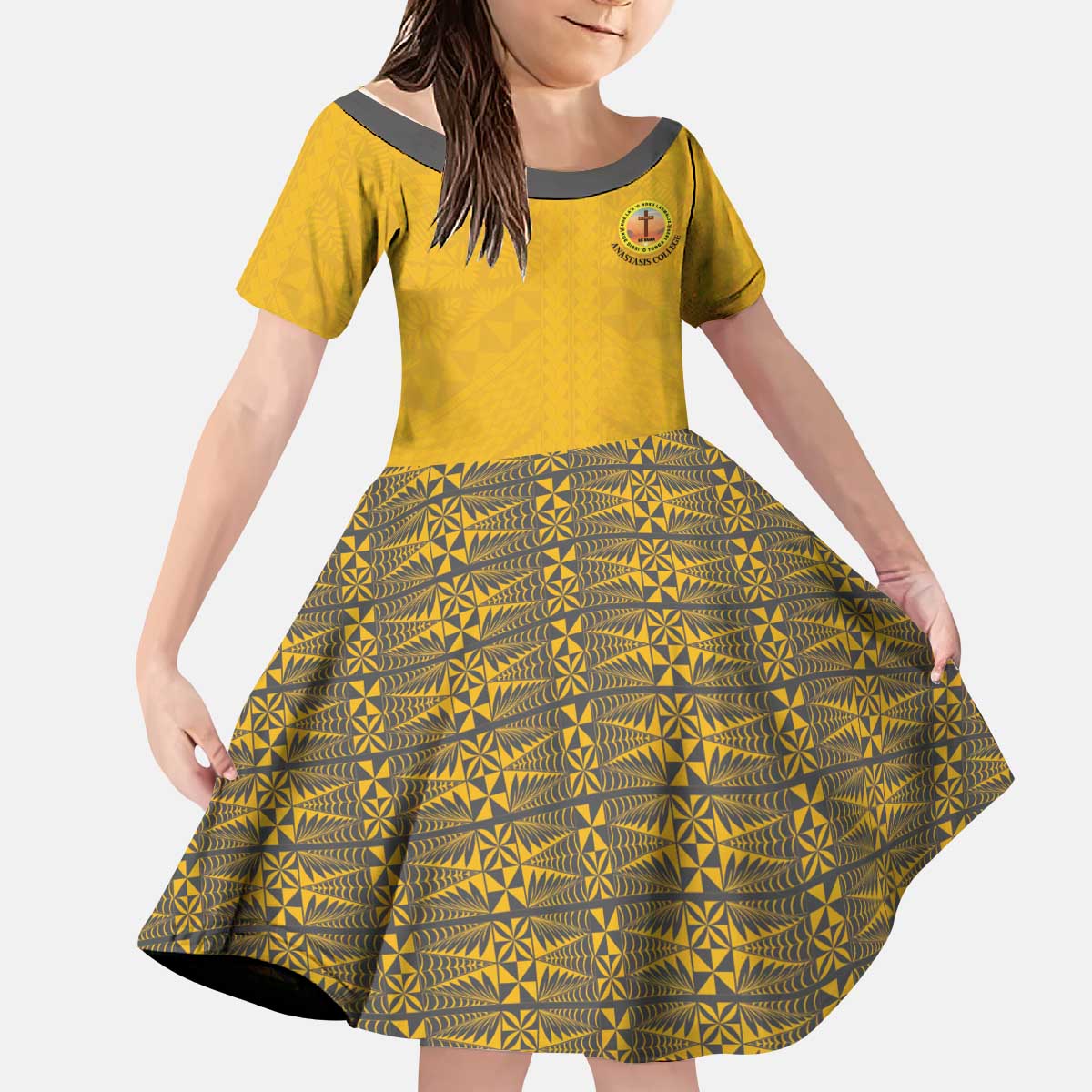 Tonga Anastasis College Kid Short Sleeve Dress Tongan Ngatu Kupesi Pattern LT05 KID Yellow - Polynesian Pride
