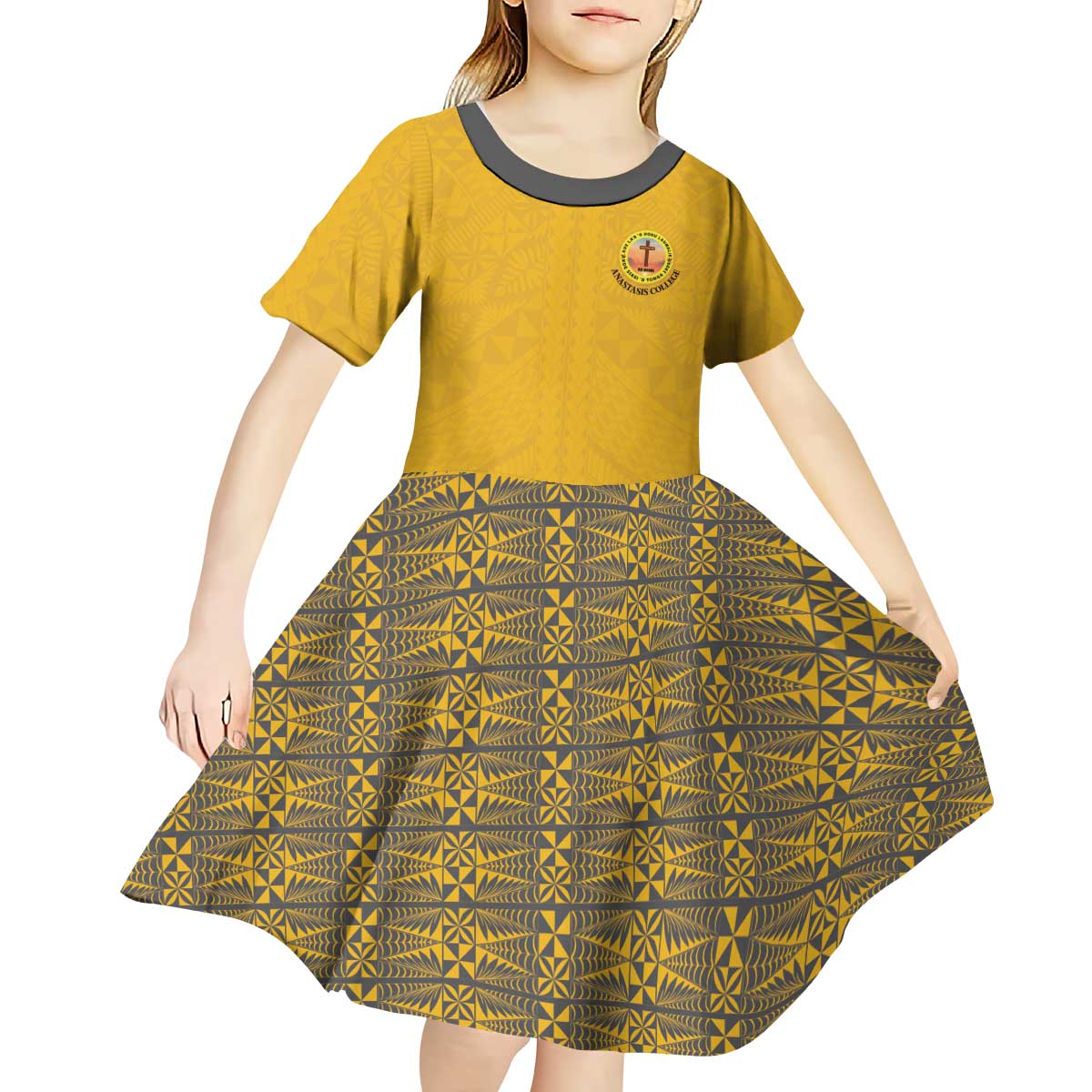 Tonga Anastasis College Kid Short Sleeve Dress Tongan Ngatu Kupesi Pattern LT05 - Polynesian Pride