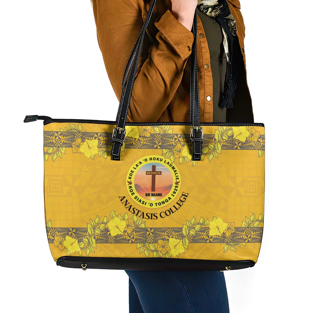 Tonga Anastasis College Leather Tote Bag Tongan Ngatu Kupesi Pattern LT05 - Polynesian Pride