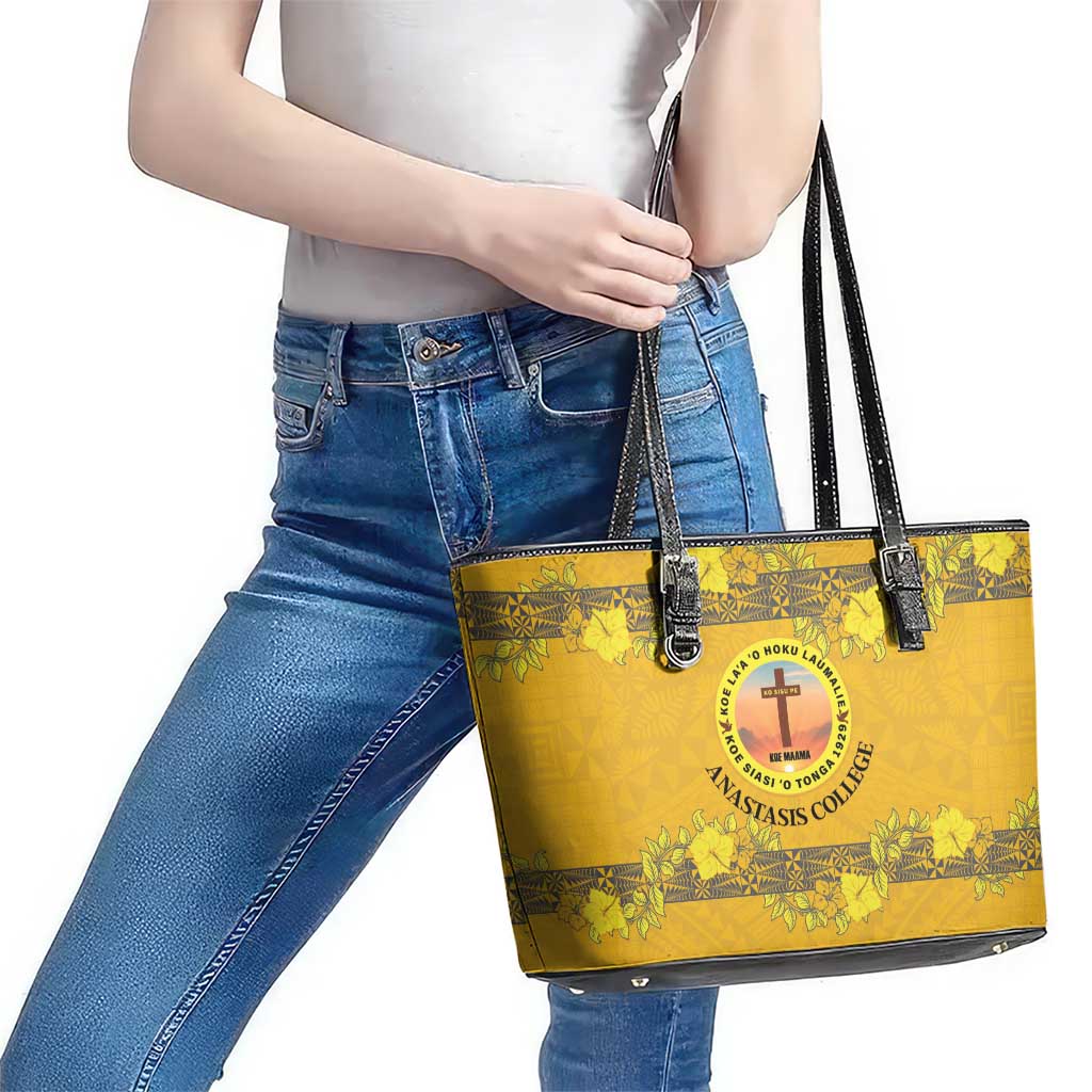 Tonga Anastasis College Leather Tote Bag Tongan Ngatu Kupesi Pattern LT05 - Polynesian Pride