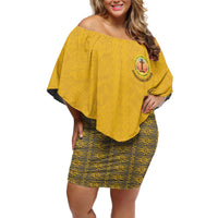 Tonga Anastasis College Off Shoulder Short Dress Tongan Ngatu Kupesi Pattern LT05 Women Yellow - Polynesian Pride