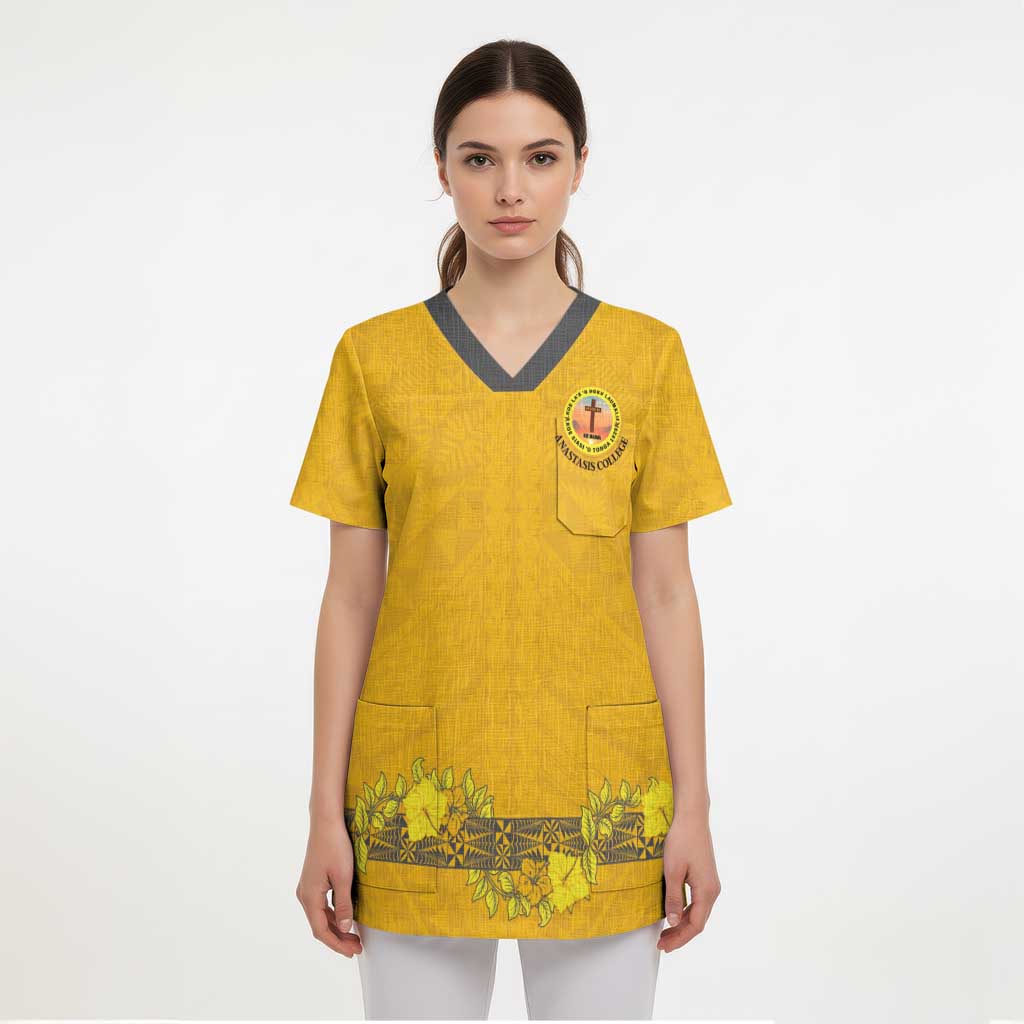 Tonga Anastasis College Scrub Top Tongan Ngatu Kupesi Pattern - Polynesian Pride