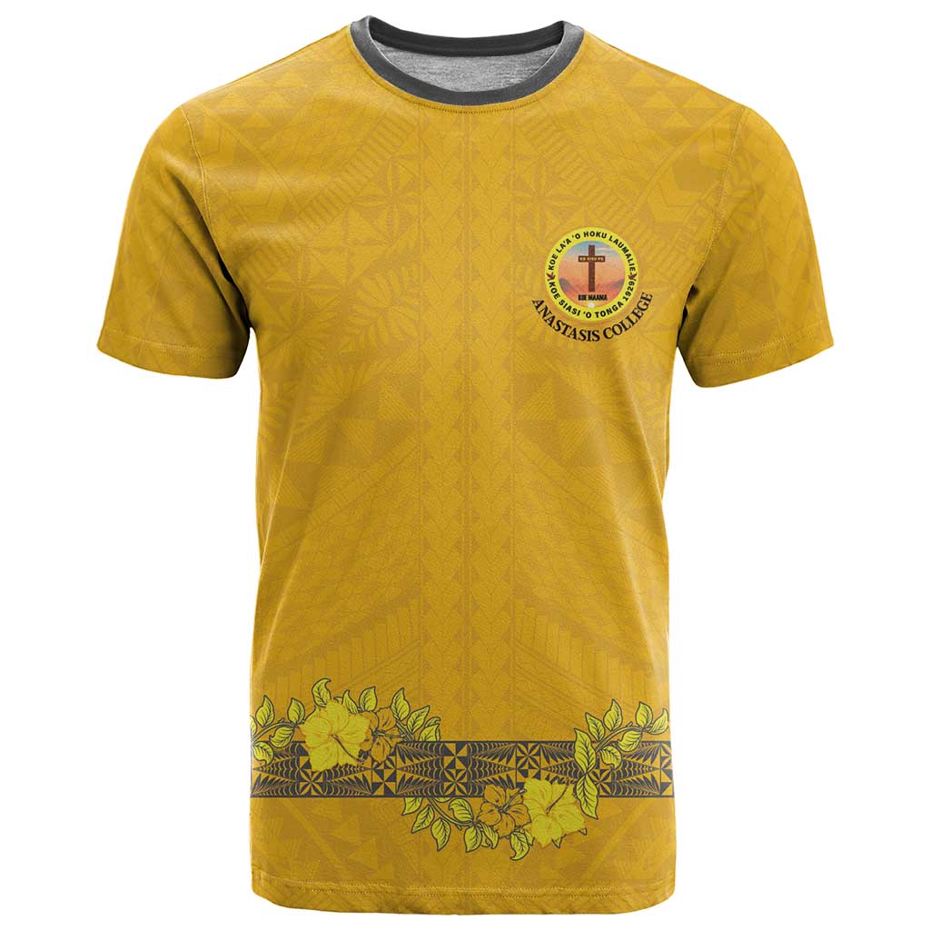 Tonga Anastasis College T Shirt Tongan Ngatu Kupesi Pattern LT05 Yellow - Polynesian Pride