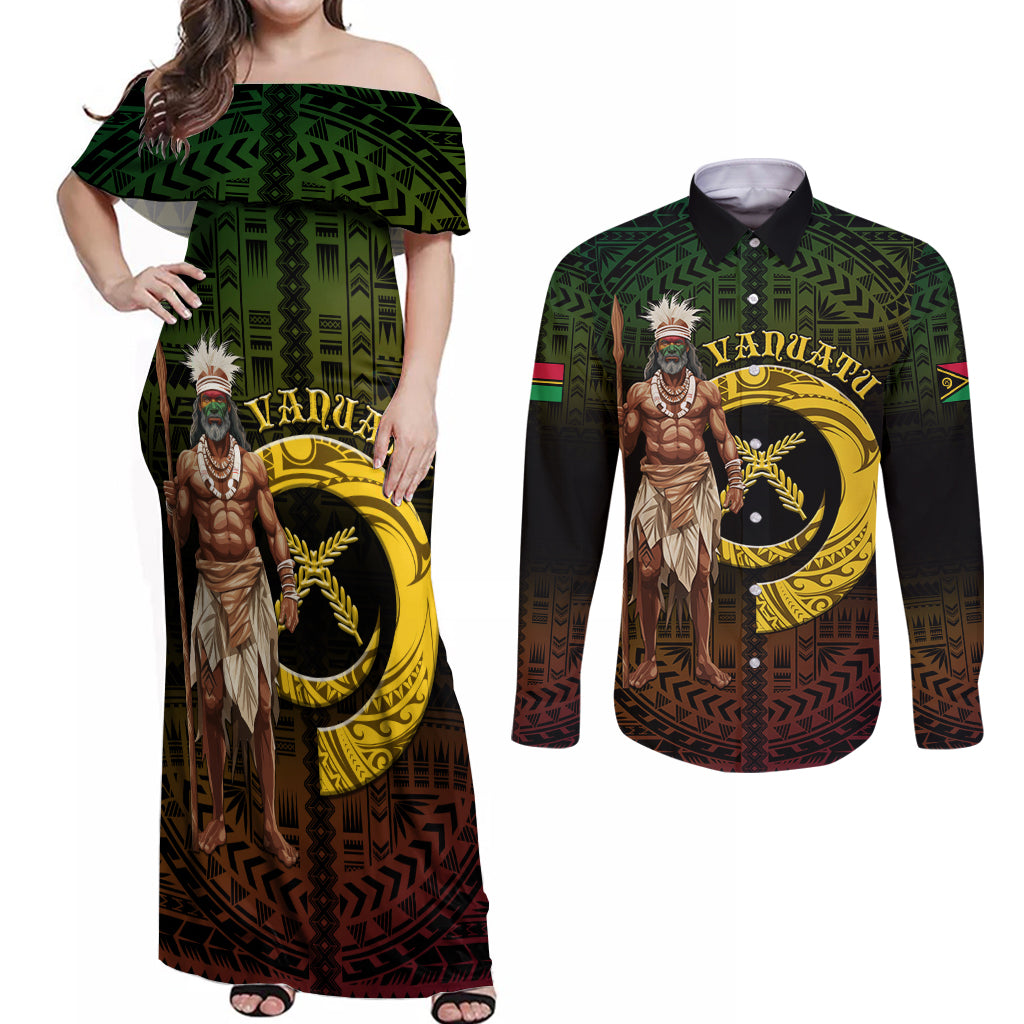 Personalised Vanuatu Custom Chiefs Day Couples Matching Off Shoulder Maxi Dress and Long Sleeve Button Shirt Pig Tusk Simple Style LT05 Black - Polynesian Pride