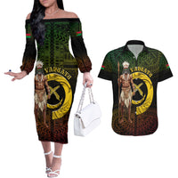 Personalised Vanuatu Custom Chiefs Day Couples Matching Off The Shoulder Long Sleeve Dress and Hawaiian Shirt Pig Tusk Simple Style LT05 Black - Polynesian Pride