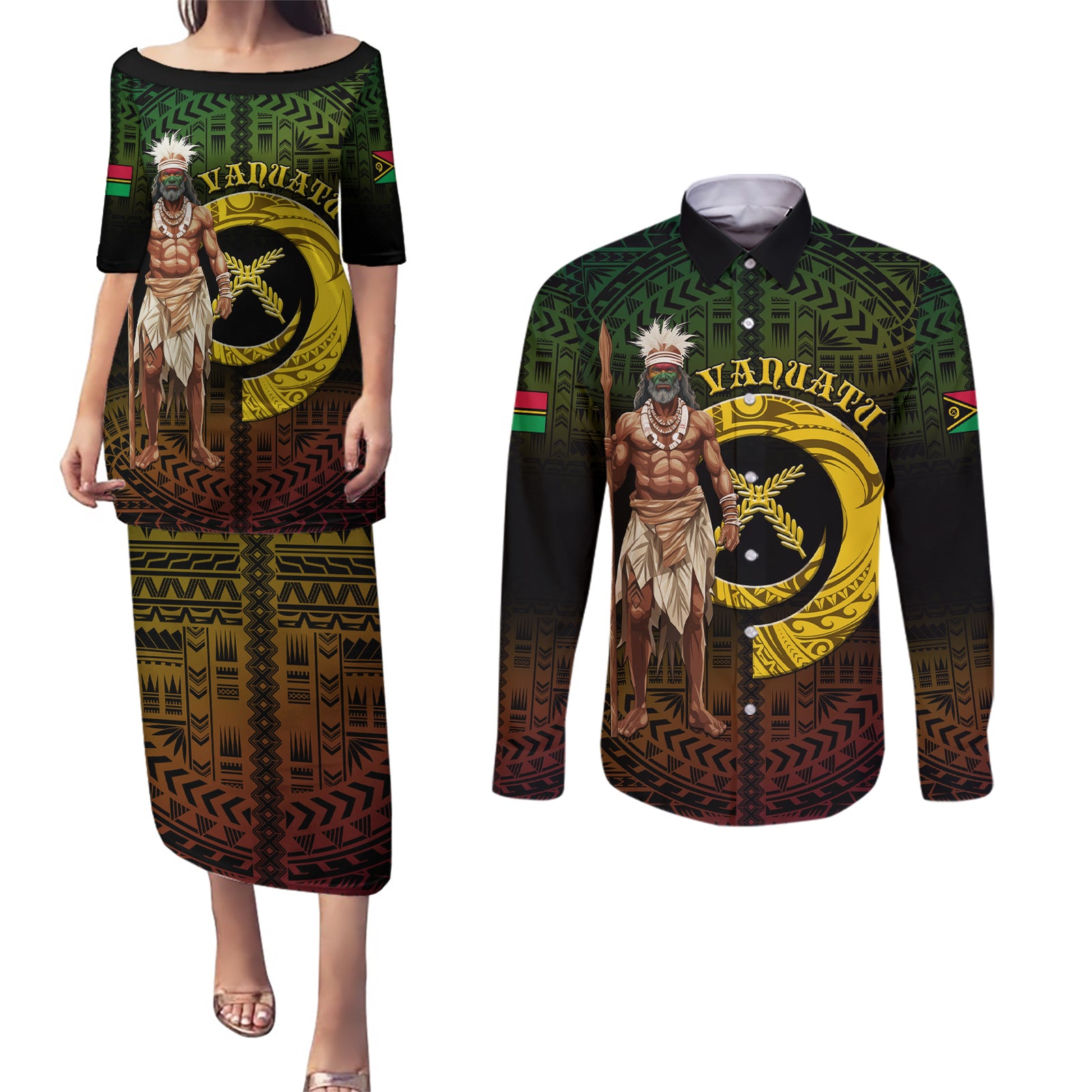 Personalised Vanuatu Custom Chiefs Day Couples Matching Puletasi and Long Sleeve Button Shirt Pig Tusk Simple Style LT05 Black - Polynesian Pride