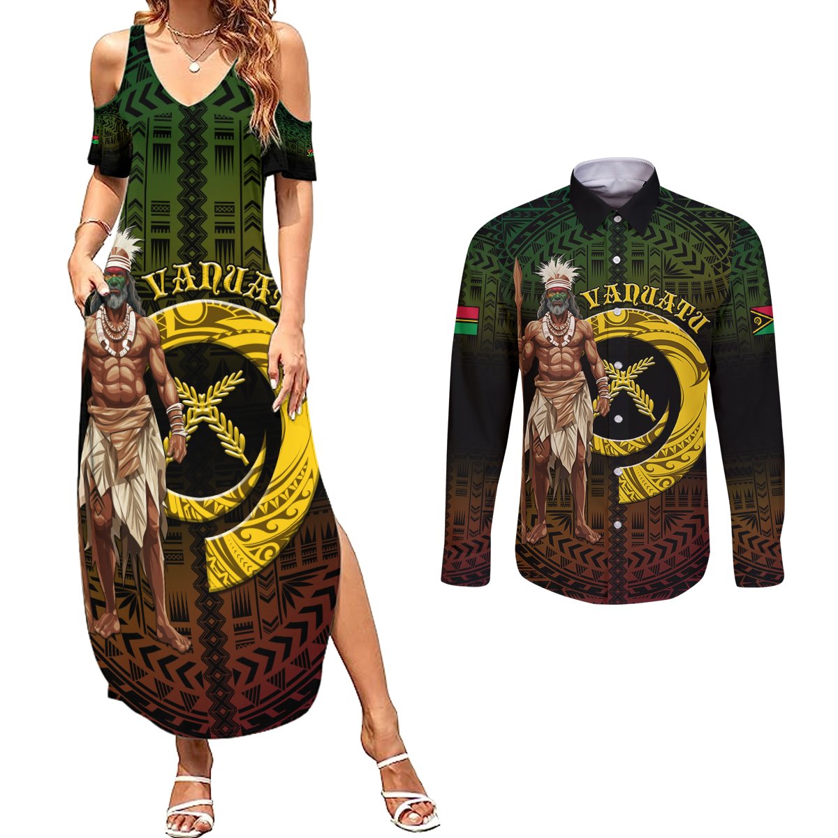 Personalised Vanuatu Custom Chiefs Day Couples Matching Summer Maxi Dress and Long Sleeve Button Shirt Pig Tusk Simple Style LT05 Black - Polynesian Pride