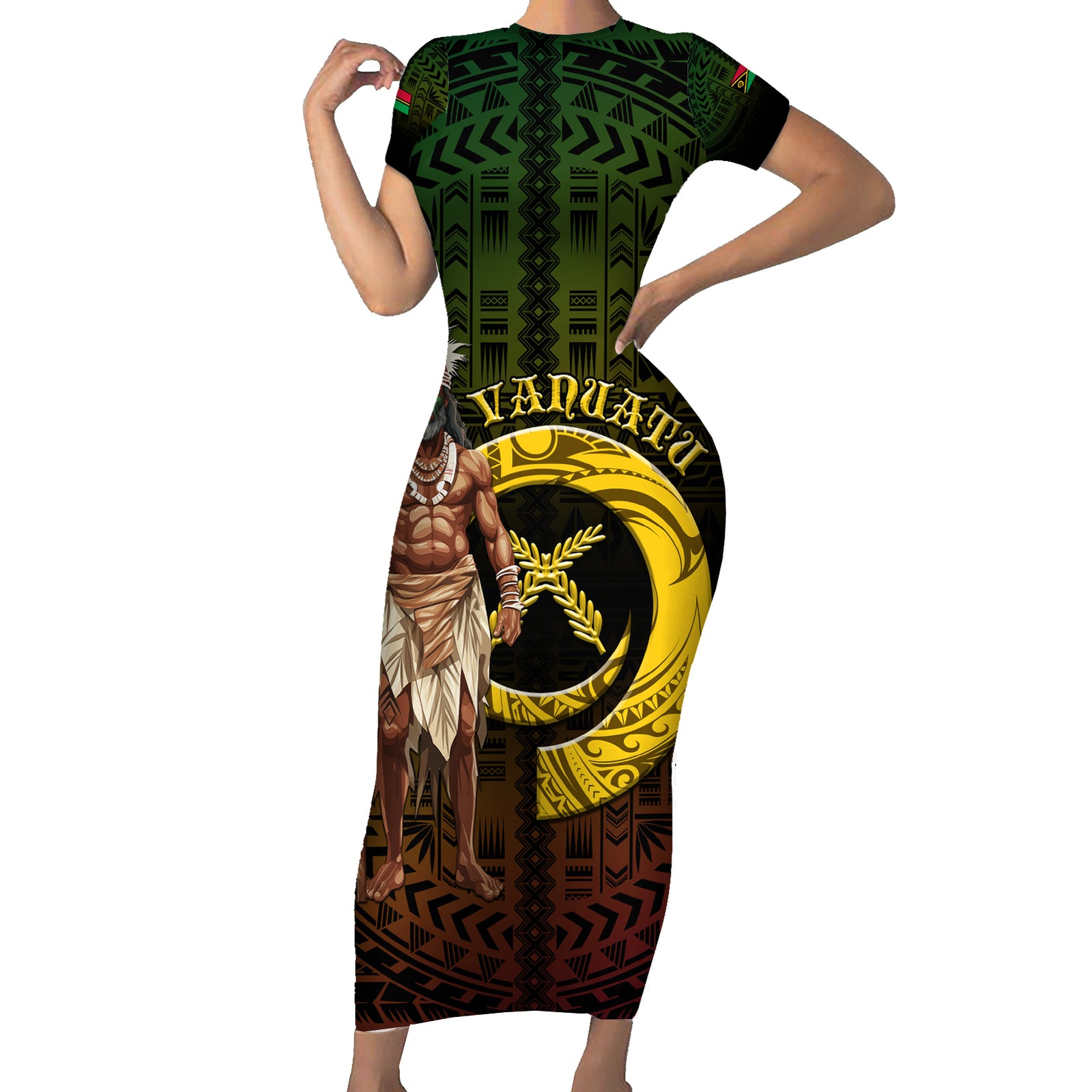 Personalised Vanuatu Custom Chiefs Day Short Sleeve Bodycon Dress Pig Tusk Simple Style LT05 Long Dress Black - Polynesian Pride