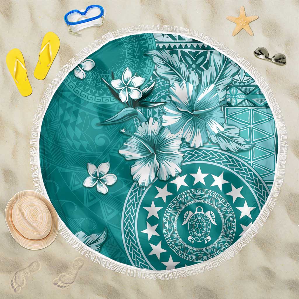 Cook Islands Beach Blanket Teal Hibiscus And Stars