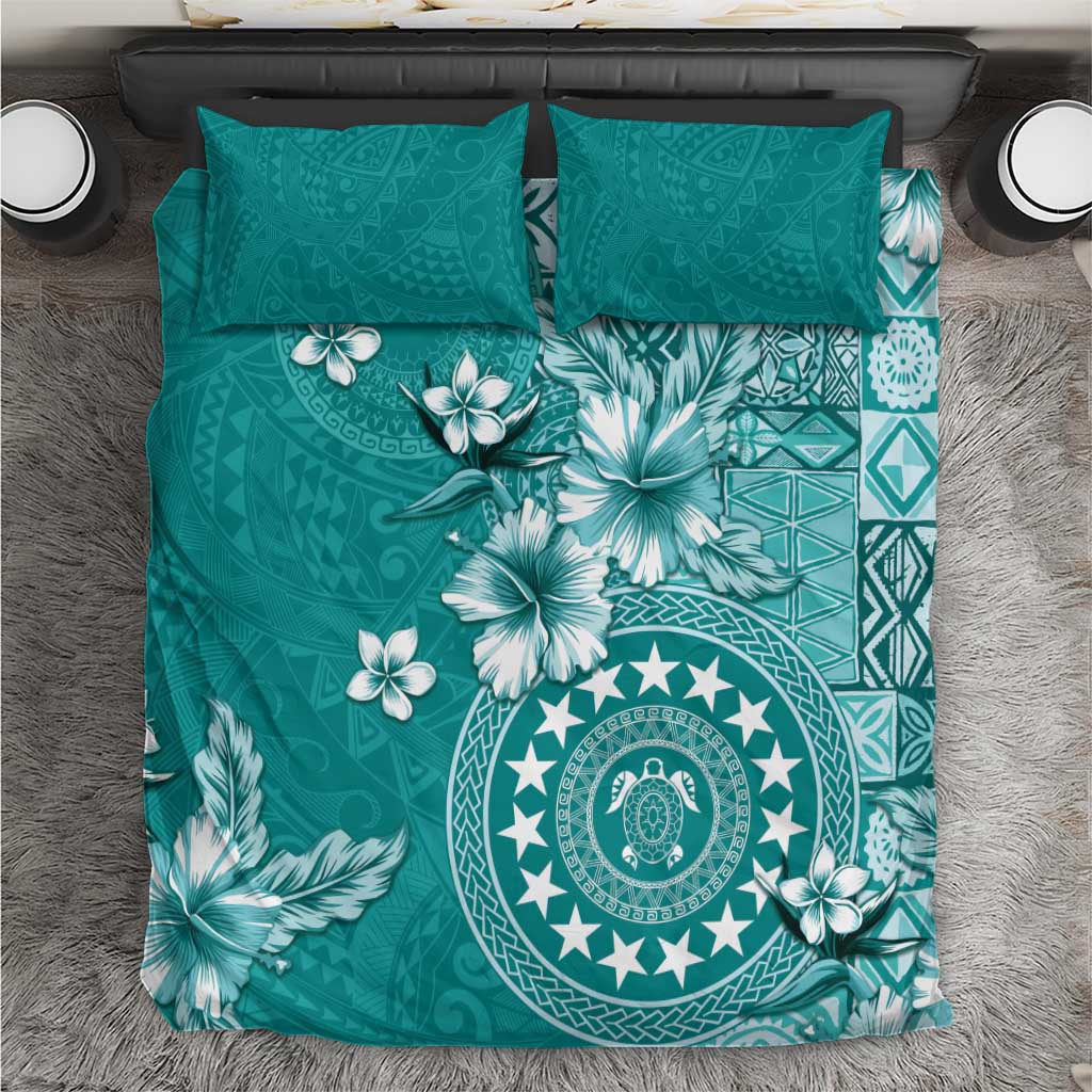 Cook Islands Bedding Set Teal Hibiscus And Stars LT05 Teal - Polynesian Pride