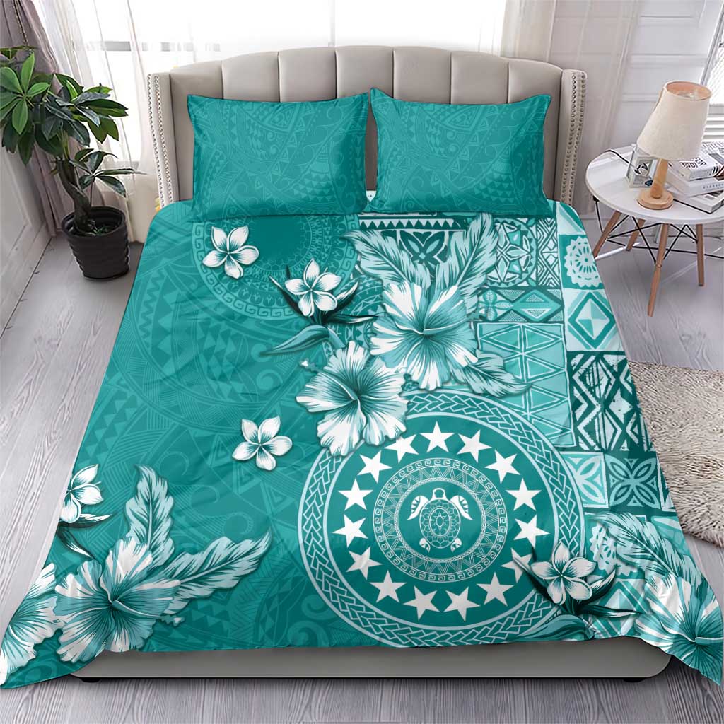 Cook Islands Bedding Set Teal Hibiscus And Stars LT05 - Polynesian Pride