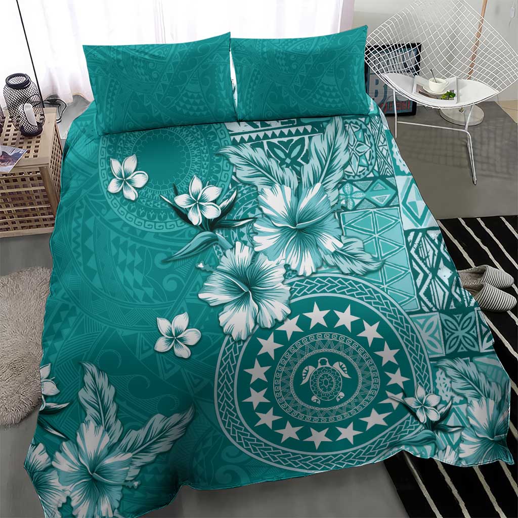 Cook Islands Bedding Set Teal Hibiscus And Stars LT05 - Polynesian Pride